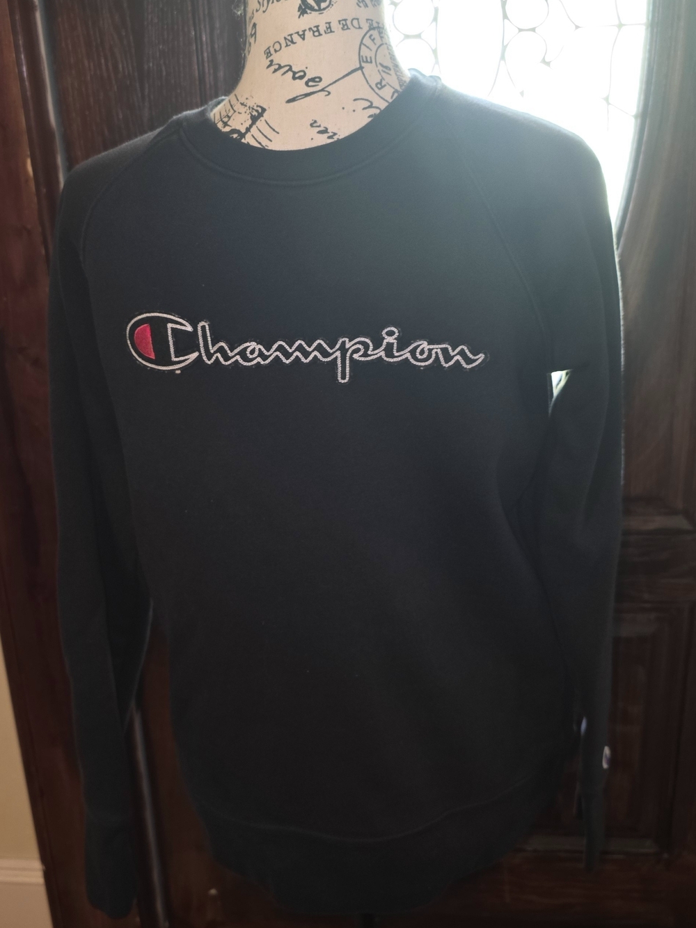 Champion Black Crewneck Sweatshirt W/Embroidered Logo and Red Accent Size Small